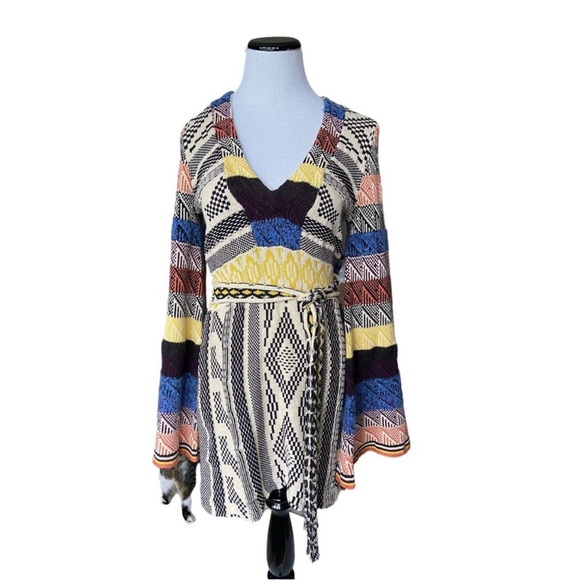 Free People Dresses & Skirts - Free People Womens Bell Sleeve V Neck Patchwork Knit Sweater Boho Dress Multi M